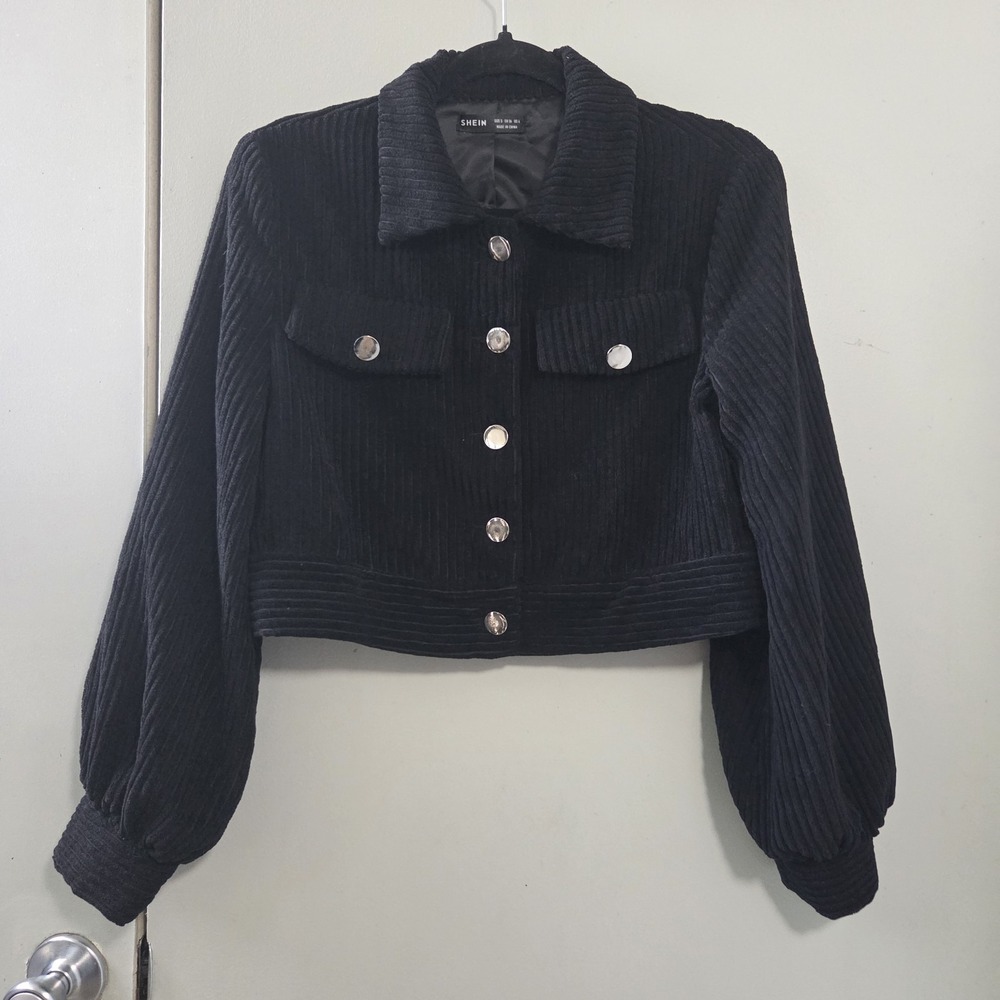Women's S Black Corduroy Cropped Jacket Balloon Sleeve Silver Button Y2K Grunge